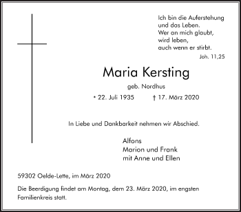 Traueranzeige von Maria Kersting von Die Glocke