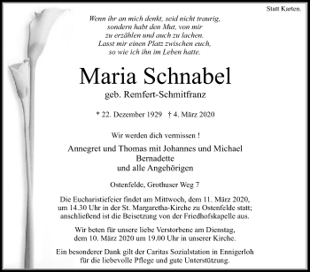 Traueranzeige von Maria Schnabel von Die Glocke