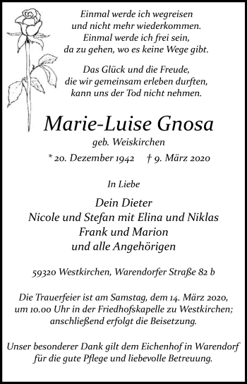 Traueranzeige von Marie-Luise Gnosa von Die Glocke