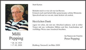 Traueranzeige von Milli Pepping von Die Glocke