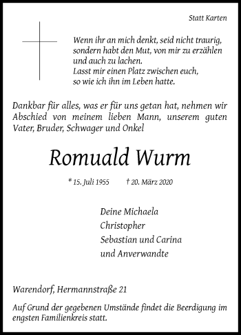 Traueranzeige von Romuald Wurm von Die Glocke