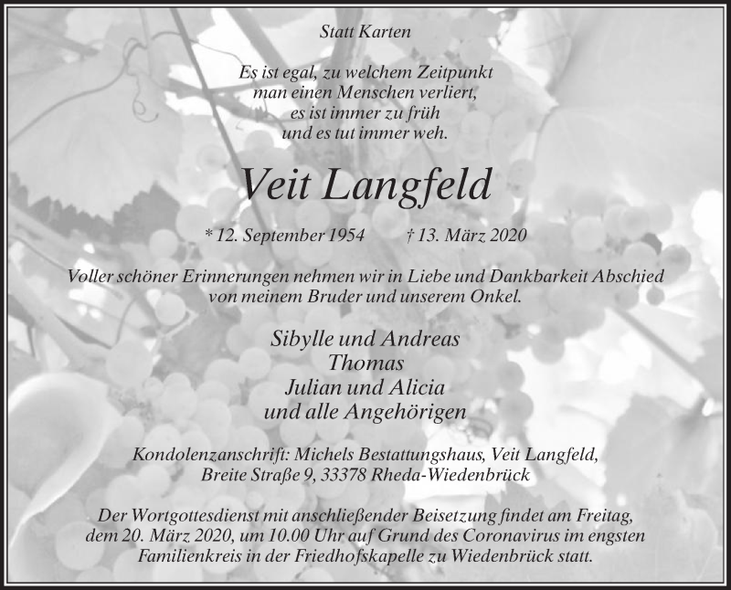  Traueranzeige für Veit Langfeld vom 17.03.2020 aus Die Glocke