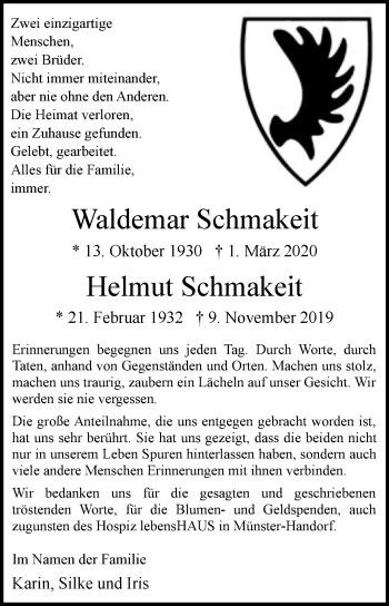 Traueranzeige von Waldemar Schmakeit von Die Glocke