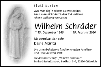 Traueranzeige von Wilhelm Schräder von Die Glocke