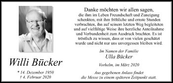 Traueranzeige von Willi Bücker von Die Glocke