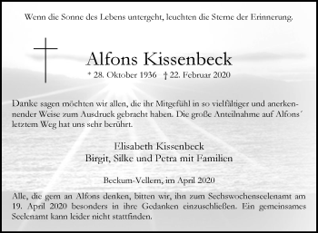 Traueranzeige von Alfons Kissenbeck von Die Glocke