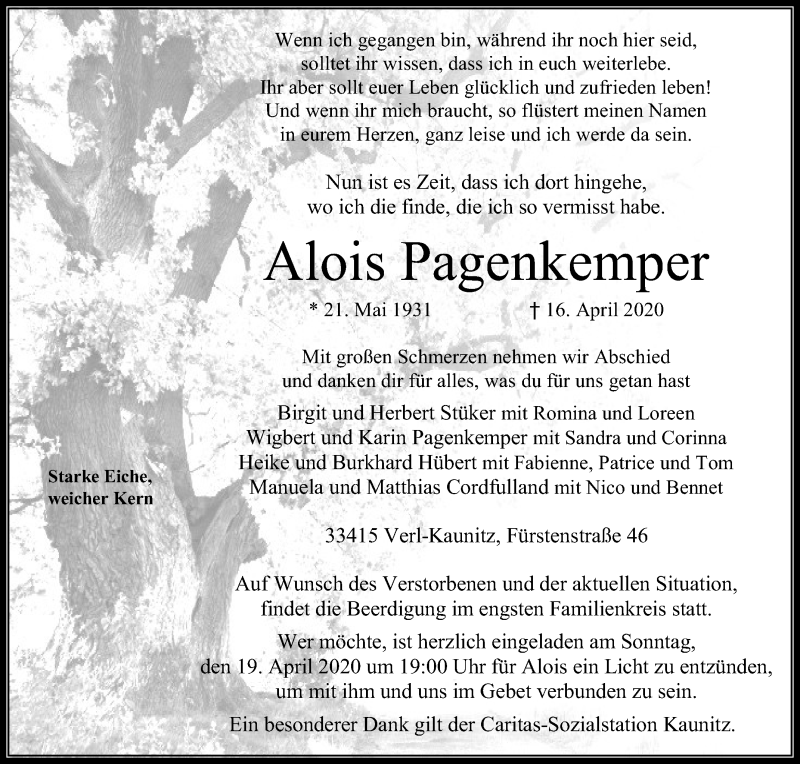  Traueranzeige für Alois Pagenkemper vom 18.04.2020 aus Die Glocke