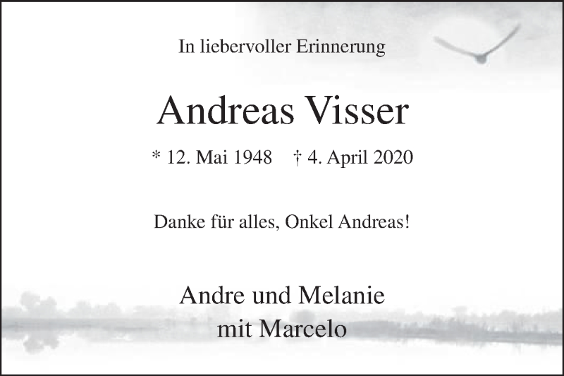  Traueranzeige für Andreas Visser vom 08.04.2020 aus Die Glocke