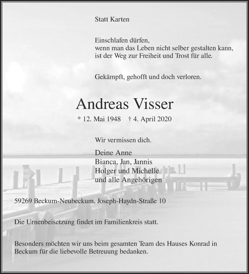  Traueranzeige für Andreas Visser vom 08.04.2020 aus Die Glocke