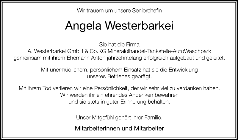  Traueranzeige für Angela Westerbarkei vom 30.04.2020 aus Die Glocke