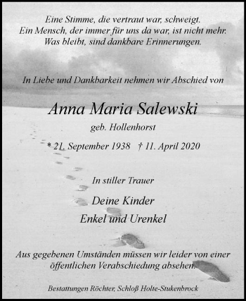 Traueranzeige von Anna Maria Salewski von Die Glocke