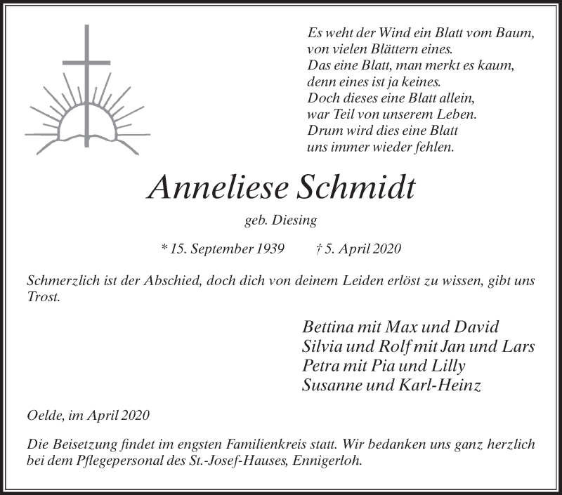  Traueranzeige für Anneliese Schmidt vom 10.04.2020 aus Die Glocke