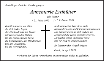 Traueranzeige von Annemarie Erdhütter von Die Glocke