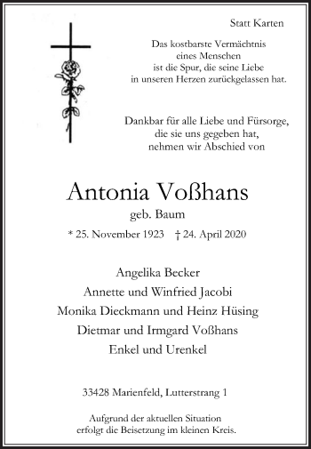 Traueranzeige von Antonia Voßhans von Die Glocke