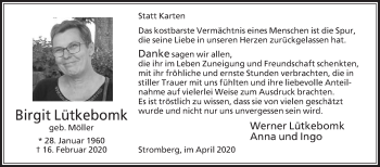 Traueranzeige von Birgit Lütkebomk von Die Glocke