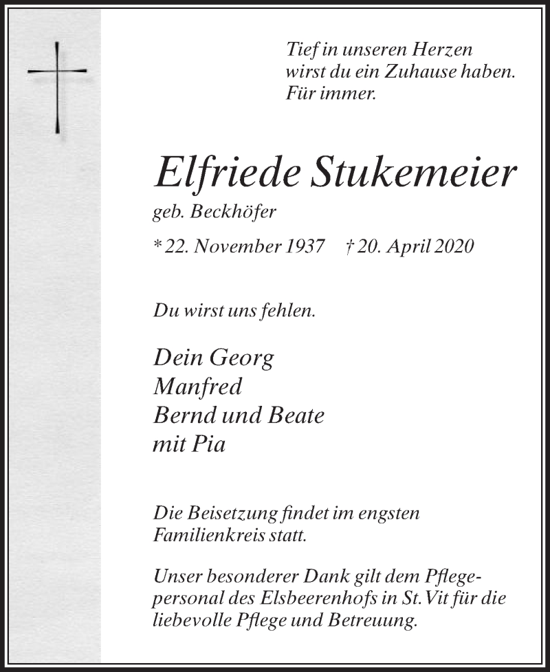  Traueranzeige für Elfriede Stukemeier vom 25.04.2020 aus Die Glocke