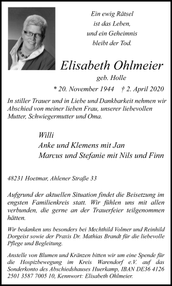 Traueranzeige von Elisabeth Ohlmeier von Die Glocke
