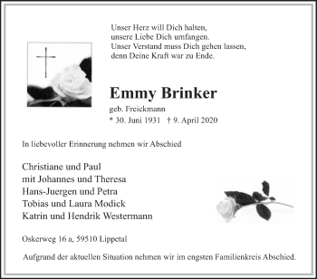 Traueranzeige von Emmy Brinker von Die Glocke