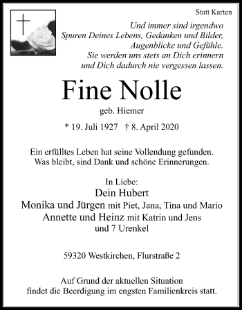 Traueranzeige von Fine Nolle von Die Glocke