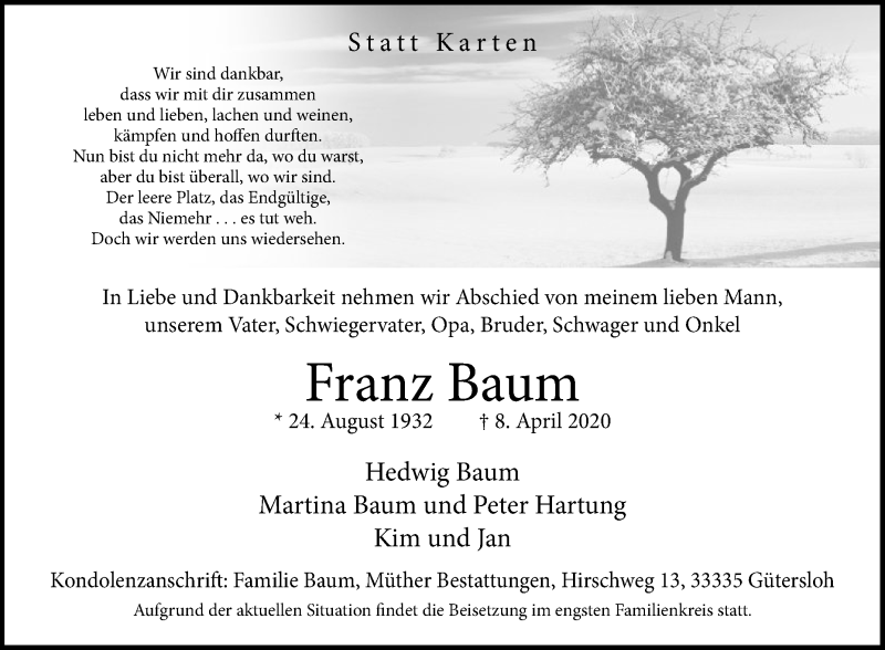 Traueranzeigen Von Franz Baum Trauer Die Glocke De