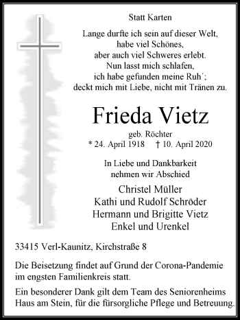 Traueranzeige von Frieda Vietz von Die Glocke