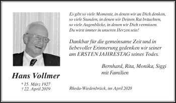 Traueranzeige von Hans Vollmer von Die Glocke