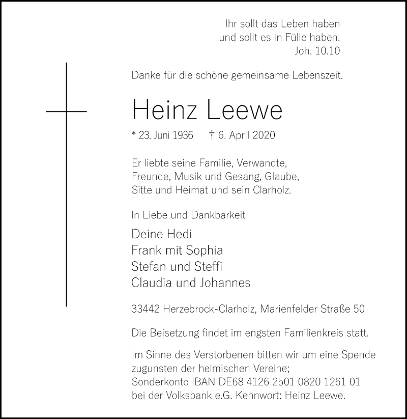  Traueranzeige für Heinz Leewe vom 08.04.2020 aus Die Glocke