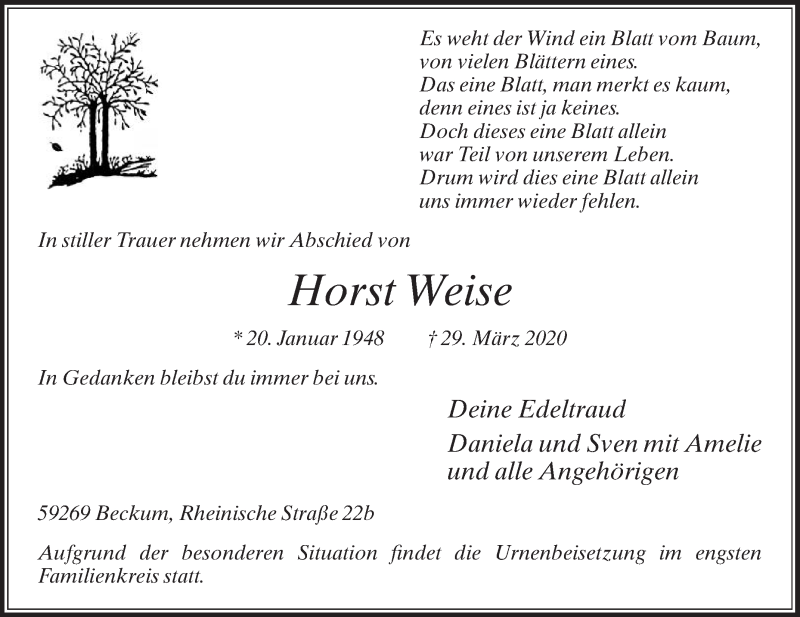  Traueranzeige für Horst Weise vom 01.04.2020 aus Die Glocke