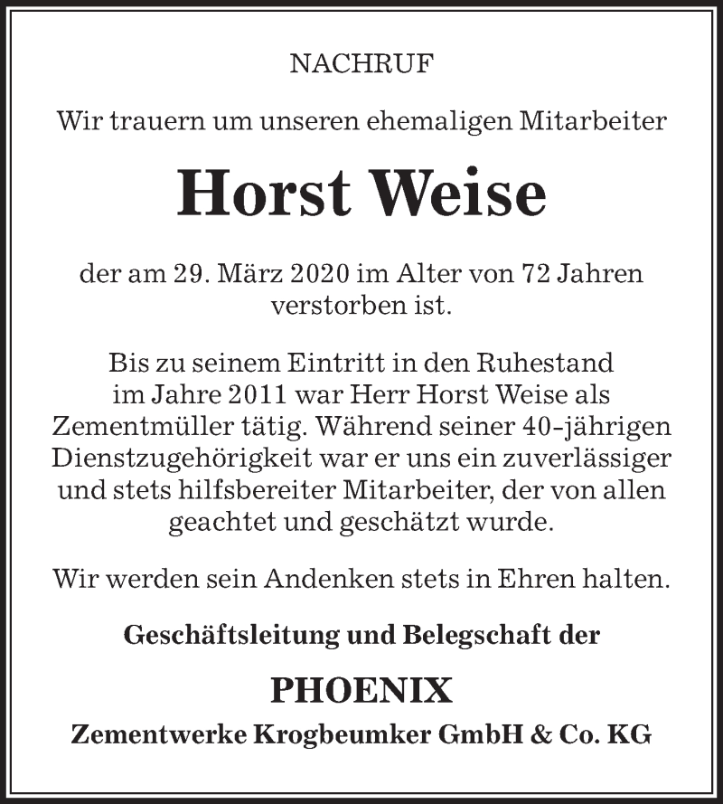  Traueranzeige für Horst Weise vom 03.04.2020 aus Die Glocke