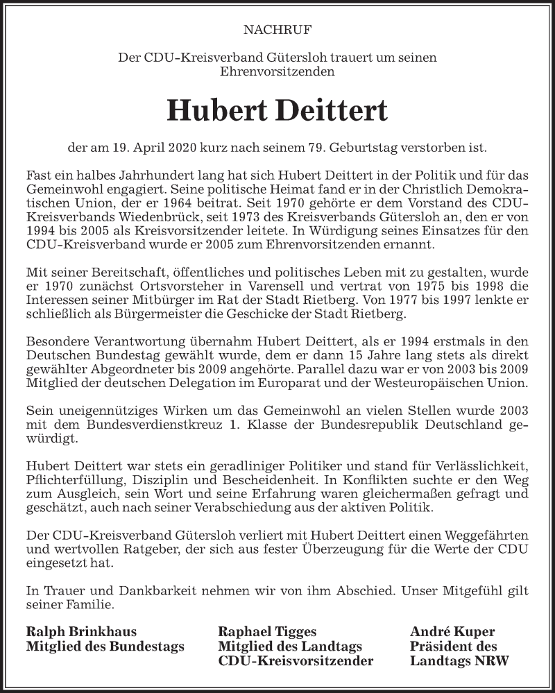  Traueranzeige für Hubert Deittert vom 22.04.2020 aus Die Glocke