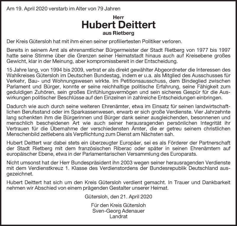  Traueranzeige für Hubert Deittert vom 23.04.2020 aus Die Glocke