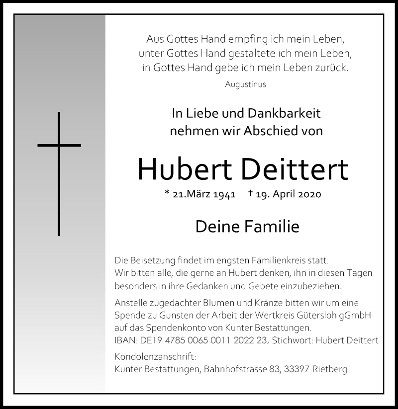  Traueranzeige für Hubert Deittert vom 21.04.2020 aus Die Glocke