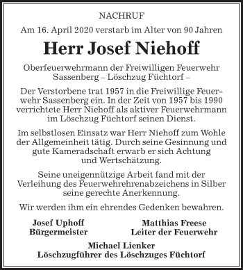 Traueranzeige von Josef Niehoff von Die Glocke