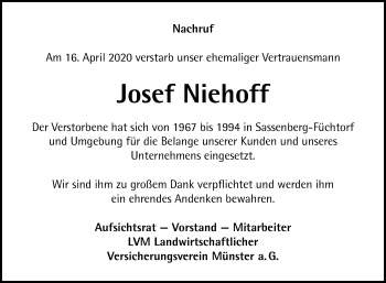 Traueranzeige von Josef Niehoff von Die Glocke