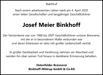 Traueranzeige von Josef Meier Binkhoff von Die Glocke