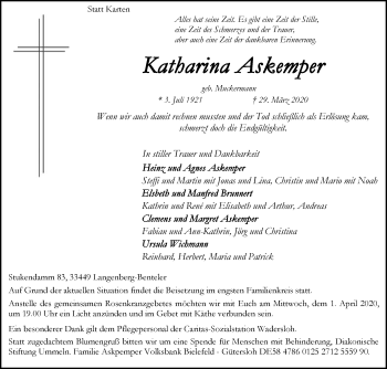 Traueranzeige von Katharina Askemper von Die Glocke