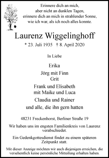 Traueranzeige von Laurenz Wiggelinghoff von Die Glocke