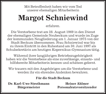 Traueranzeige von Margot Schniewind von Die Glocke