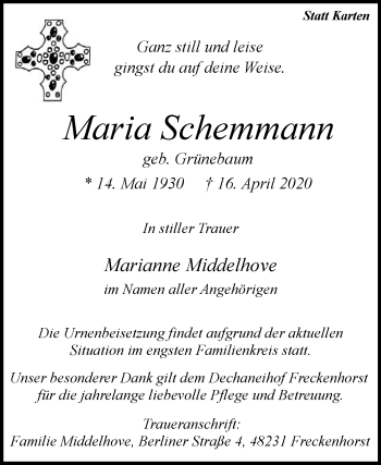 Traueranzeige von Maria Schemmann von Die Glocke