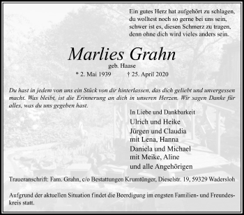 Traueranzeige von Marlies Grahn von Die Glocke