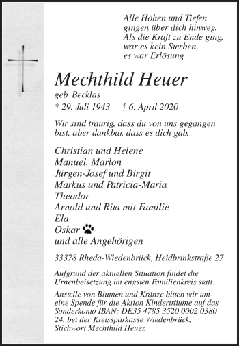 Traueranzeige von Mechthild Heuer von Die Glocke
