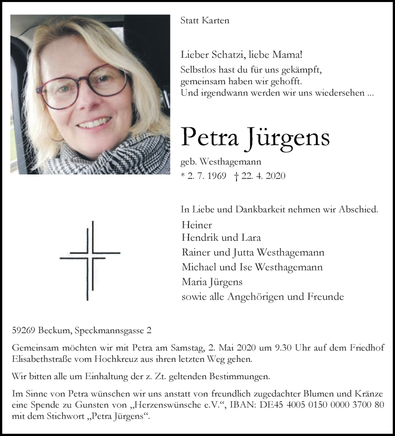  Traueranzeige für Petra Jürgens vom 25.04.2020 aus Die Glocke