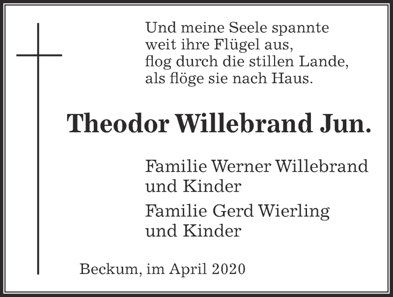  Traueranzeige für Theodor Willebrand vom 01.04.2020 aus Die Glocke