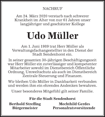 Traueranzeige von Udo Müller von Die Glocke