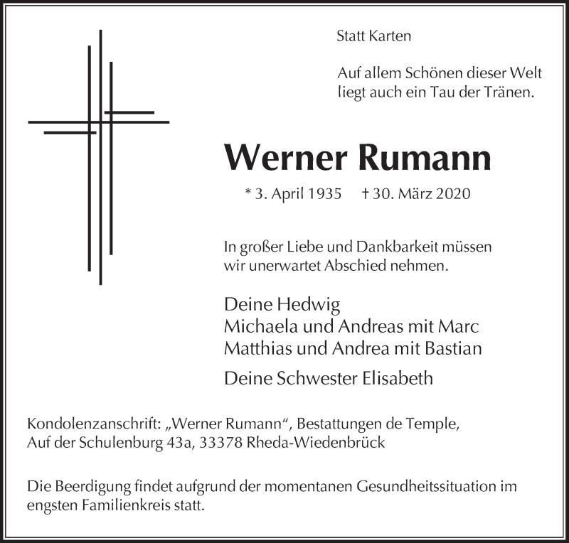  Traueranzeige für Werner Rumann vom 01.04.2020 aus Die Glocke