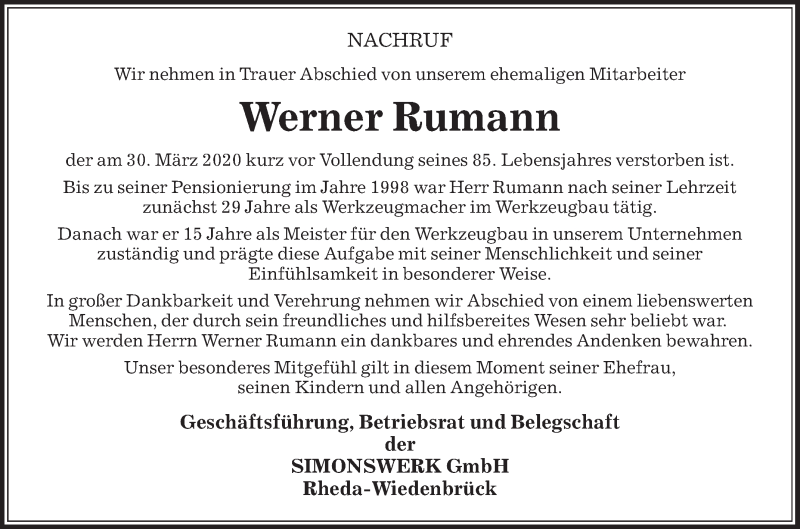 Traueranzeige für Werner Rumann vom 04.04.2020 aus Die Glocke