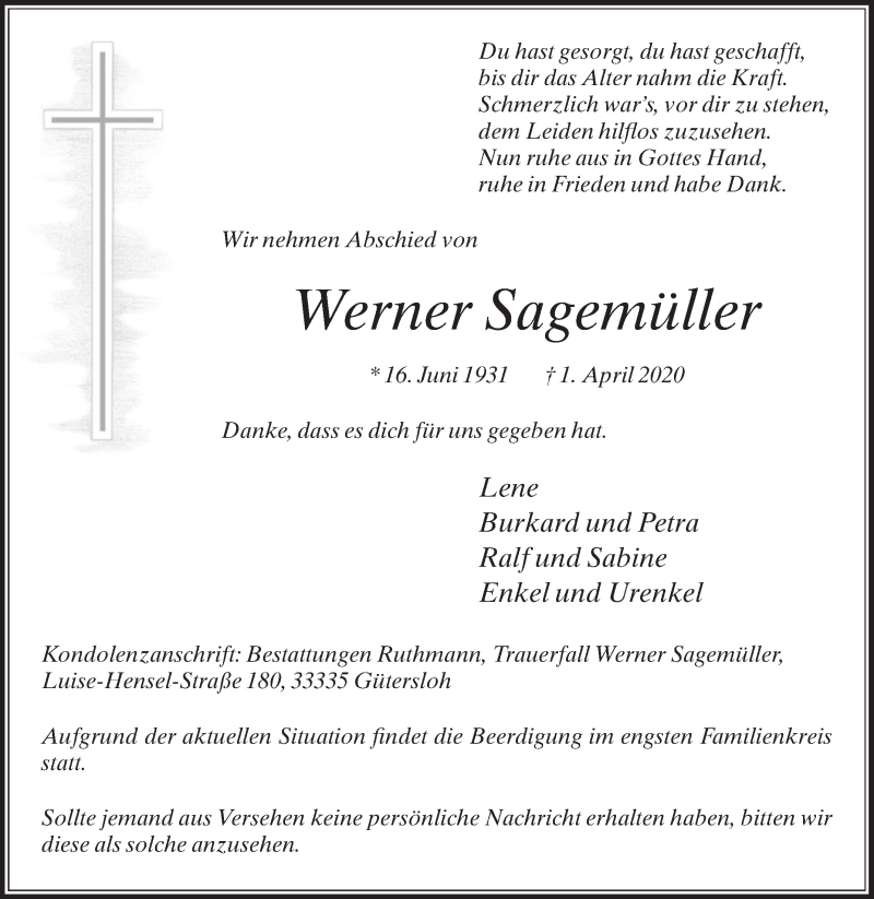  Traueranzeige für Werner Sagemüller vom 04.04.2020 aus Die Glocke