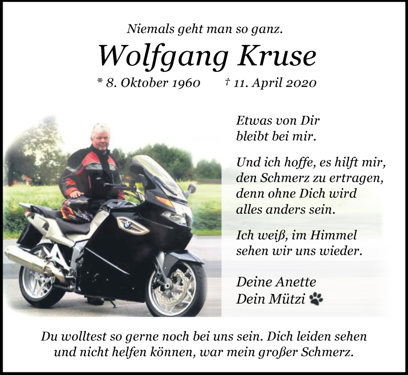  Traueranzeige für Wolfgang Kruse vom 15.04.2020 aus Die Glocke