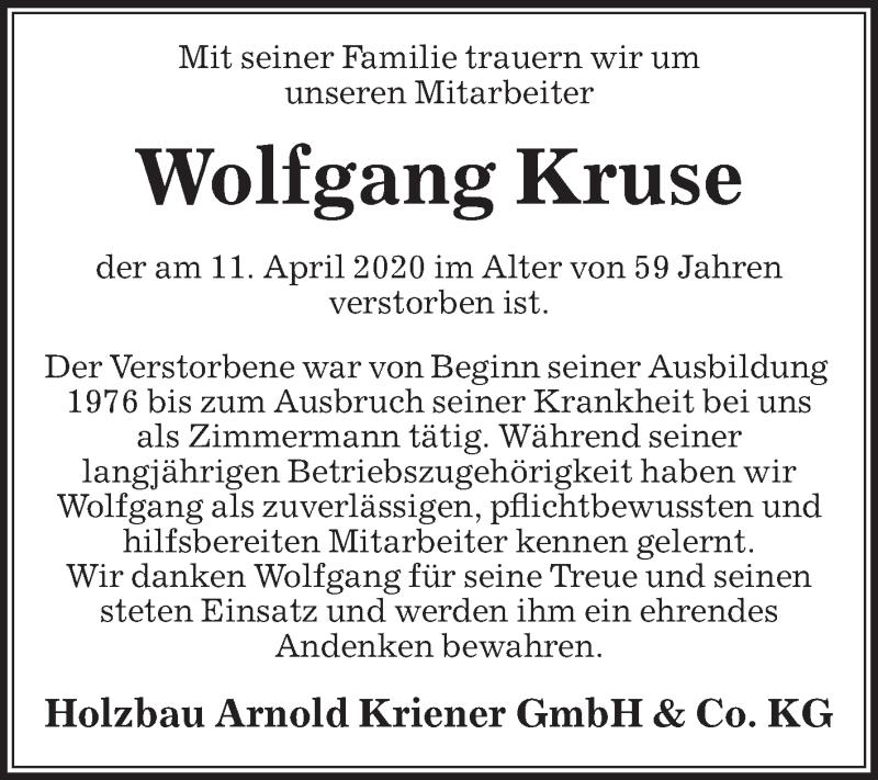  Traueranzeige für Wolfgang Kruse vom 17.04.2020 aus Die Glocke