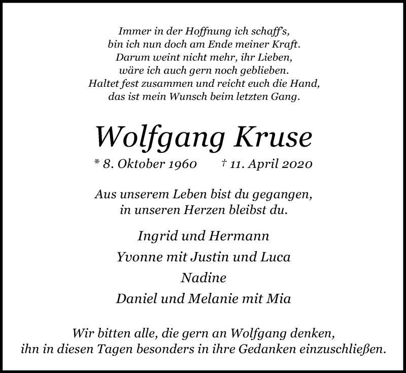  Traueranzeige für Wolfgang Kruse vom 15.04.2020 aus Die Glocke